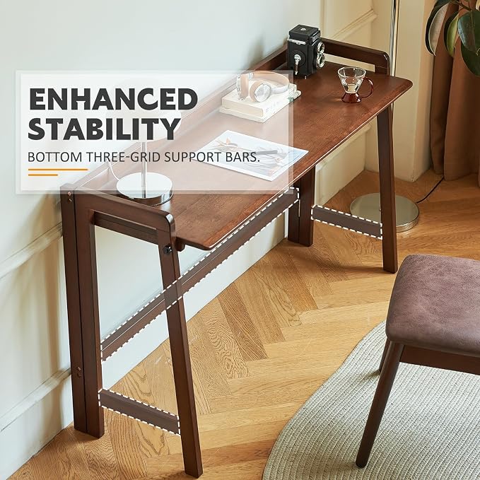 Solid Wood Folding Desk Mid Century Modern Table, 55'' Foldable Writing Computer Desk for Home Office, Simple Study Makeup Workstation, Wooden Study Office Desk Table for Small Spaces, Walnut Color