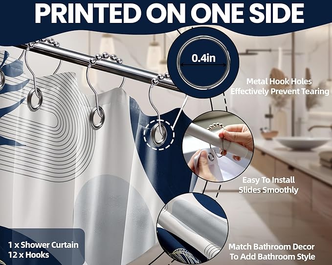 Navy Blue and White Shower Curtain Mid Century Modern Dark Blue Boho Shower Curtains for Bathroom Decor MCM Mens Cool Bath Curtain Set, Waterproof Fabric with Hooks 70 x 84 Inch