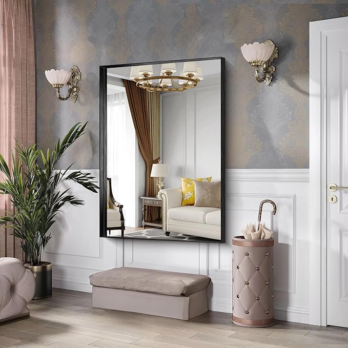 CIRCUMI Black Bathroom Mirror, 36"x50" Rectangular Mirror with Deep Metal Frame, Brushed Finish, Tempered Glass, Large Mirror for Wall, Over 2 Sinks, Installed Vertically/Horizontally, Crystal-Clear