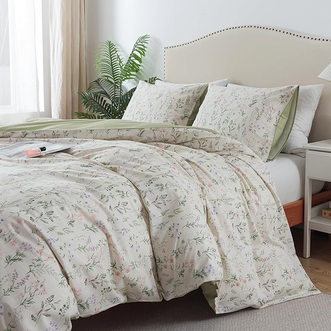 HoneiLife Floral Duvet Cover King - 100% Cotton Comforter Cover, Botanical Bedlinen Set for King Beds, 3-Piece Wildflower Comforter Cover Sets