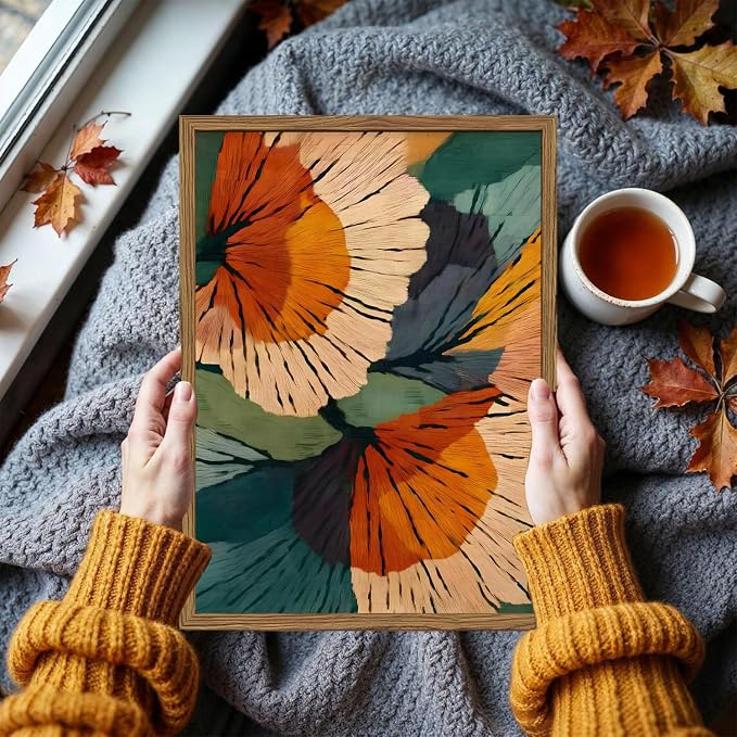 Framed Abstract Floral Wall Art, Boho Vintage Flower Pictures Wall Decor, Mid Century Modern Botanical Paintings Canvas Prints for Living Room Bedroom Office 16x24 inch