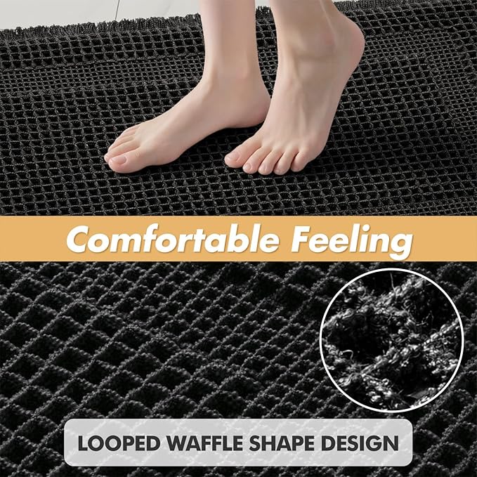 MIULEE Set of 2 Waffle Bathroom Rugs, Boho Bath Rug Super Absorbent, Non Slip Washable Ultra Soft Rubber Backed Shower Bath Mats for Floor, Tub, Shower, Looped Design, Black, 18x30 Inch