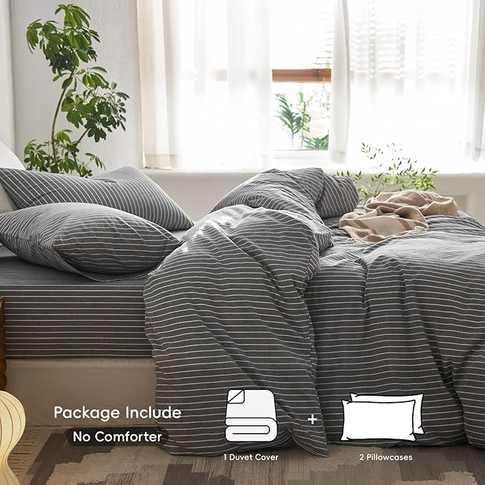 MooMee Striped Duvet Cover Set 100% Washed Cotton Linen Like Textured Breathable Durable Soft Comfy (Dark Grey White Wide Stripes, Alaska King 132"x120")