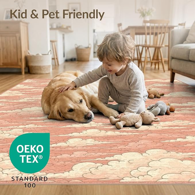 9'x12' Washable Flatwoven Rug, Peach Aesthetic Graphic Stain Resistant Massive Carpet for Dining Room, Basement, Large Office, Non-Slip Chair-Friendly Mat | Ref:2208262