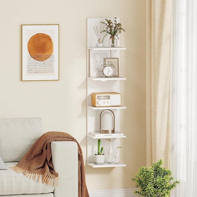 Giantex 5 Tier Wall Shelf Unit Set of 2, Narrow Vertical Floating Shelves for Home Decoration and Storage Organizer, Lack Wall Shelf, Wall Mounted Display Shelves for Bedroom, Living Room, White
