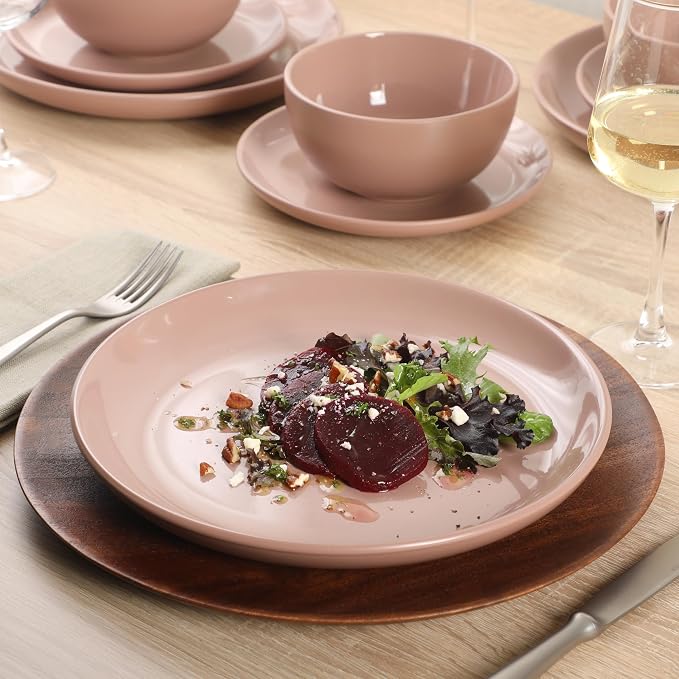 Gibson Home Rockaway 12 Piece Plates and Bowls Matte Outside/Shiny Inside Glaze Service for 4 Dinnerware Set - Pink - Dishwasher and Microwave Safe