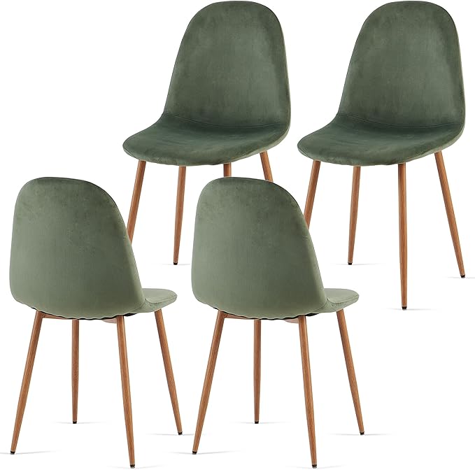 Velvet Dining Chairs Set of 4, Upholstered Dining Room Chairs with Oak Look Foiled Steel Legs, Comfortable Armless Kitchen Chairs for Living Room, Green