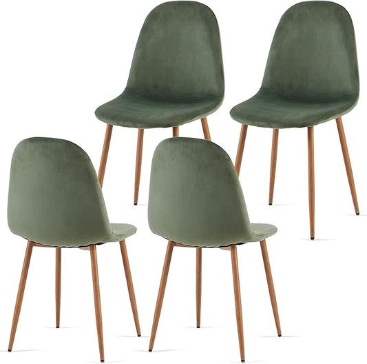 Velvet Dining Chairs Set of 4, Upholstered Dining Room Chairs with Oak Look Foiled Steel Legs, Comfortable Armless Kitchen Chairs for Living Room, Green