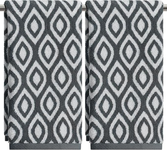 Artoid Mode 2 Pcs Beige Grey Diamond Grid Jacquard Hand Towels for Bathroom, 100% Cotton Soft Absorbent Bathroom Decor Towels, 13.7 x 29.5 Inch