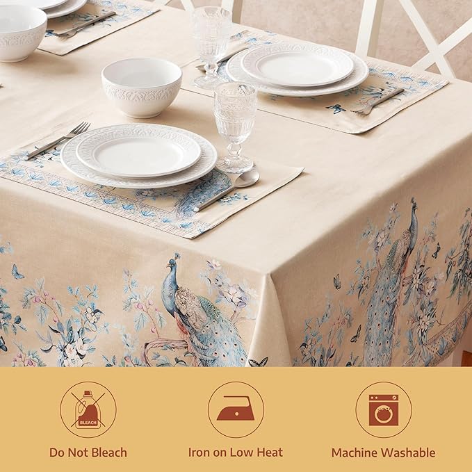 Maison d' Hermine Premium Table Cloth Rectangle Table 100% Combed Cotton 120 x 70 Inches Tablecloth Reusable Decorative for Dining Room, Home, Party, Festive & Wedding - Peacock Utopia - Sandy Beach