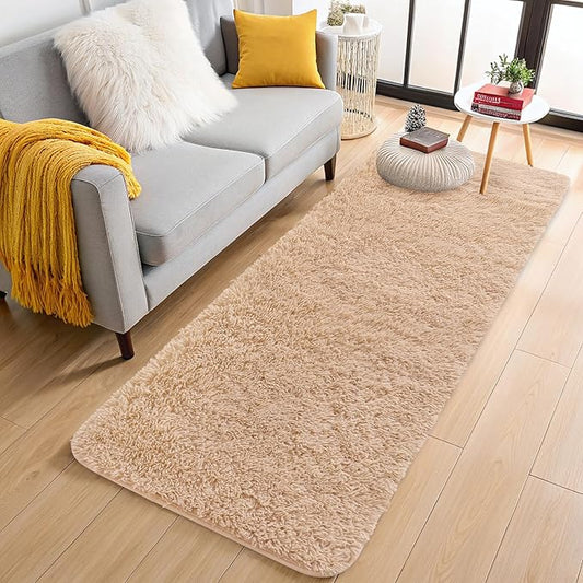 OLANLY 3x8 Machine Washable Runner Rugs for Hallway, Soft Fluffy Shaggy Bedside Rugs for Bedroom, Living Room, Indoor Floor Carpet for Kids Girls and Boys, Nursery Rooms, Home Decor Aesthetic, Beige