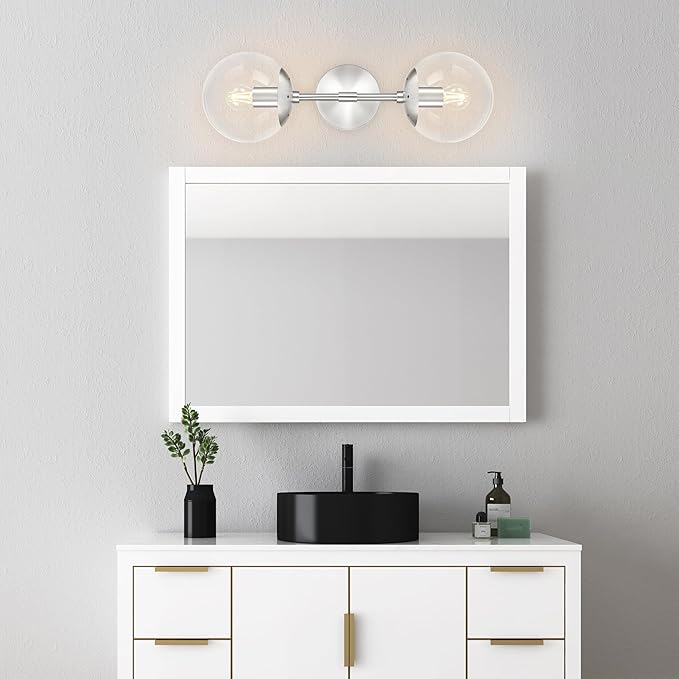 KoKo&Yukina Nickel 2 Light Vanity Light Fixtures Mid Century Modern Bathroom Vanity Light Globe Sconce with Clear Glass for Bathroom Bedroom