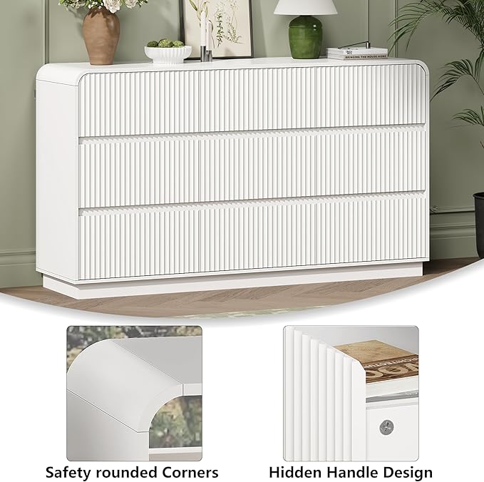 White Dresser Fluted 9 Drawers Dresser for Bedroom, 59" Wide Wood Chest of Drawers with Hidden Handles & Rounded Corners, Modern TV Stand Storage Cabinet for Living Room, Hallway, Entryway