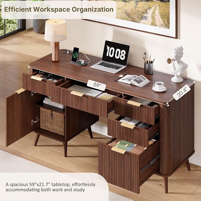 Whalefall 59" Fluted Executive Desk with Charging Station, Modern Wood Home Office Desk with 5 Drawers & File Cabinet, Computer Writing Desk for Study, Walnut (Executive Desk)