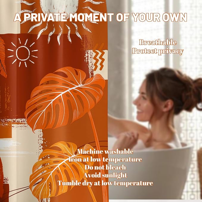 Small Stall Narrow Shower Curtain Burnt Orange Stand Up Mid Century Modern Leaf Shower Curtains for Rv Camper Bathroom Decor Sets, Waterproof Cloth Fabric with Hooks, 36 x 72 Inch