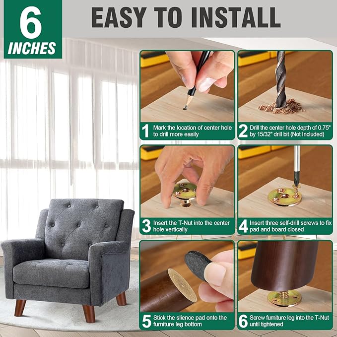 FoDau770 Brown Rubber Wood Furniture Legs 6 Inches, Slant Tapered Wood Feet Mid Century Sofa Legs Set of 4, 5/16" UNC Furniture Feet Replacement Parts for Cabinet Couch Dresser Chair Ottoman Table