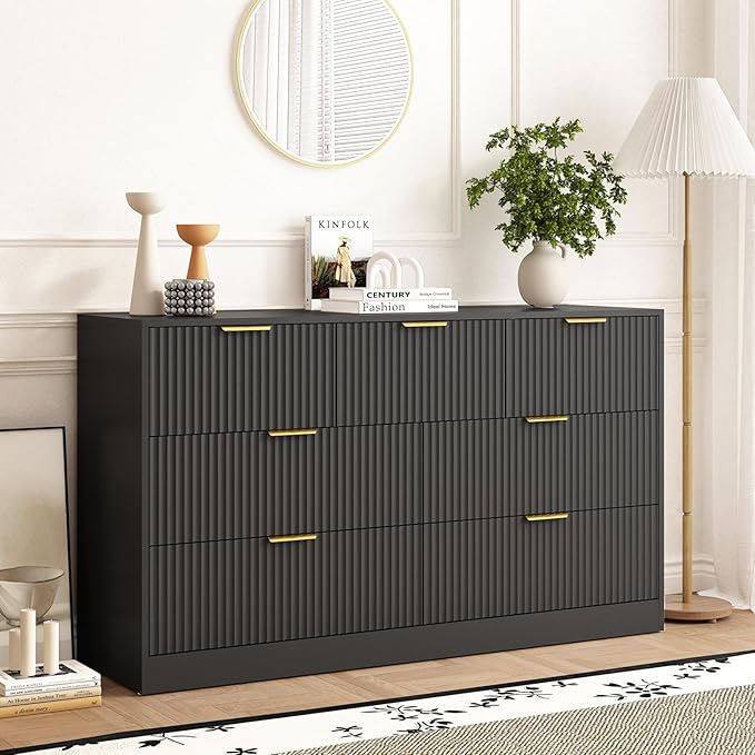 7 Drawers Dresser for Bedroom,55" Wide Fluted Dresser with Deep Drawers, Modern Chest of Drawers, Wood TV Stand Storage Organizer for Closet, Living Room, Hallway, Black