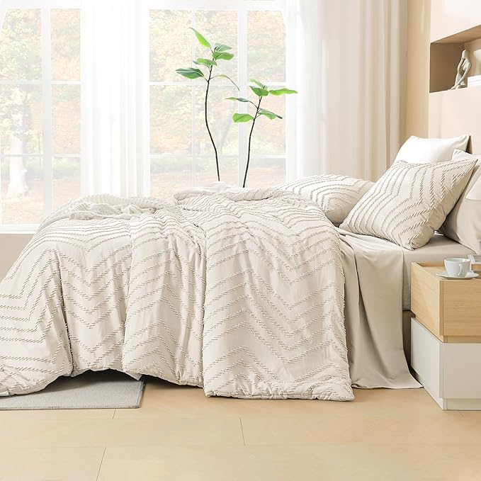 Litanika Beige Queen Size Comforter Set with Sheets - 7 Pieces Bed in a Bag Queen Boho Tufted Complete Bedding Sets with Comforter, Sheets, Pillowcases & Shams