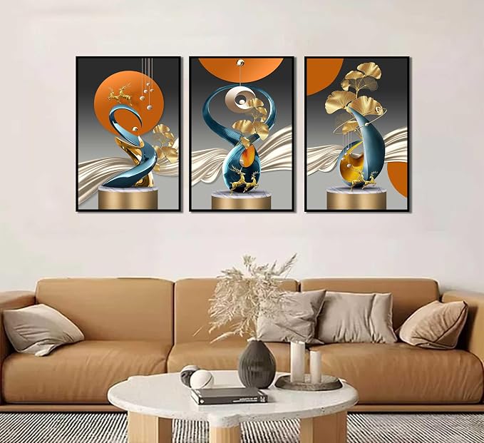 3 Pcs Bright Style Canvas wall Art Golden Deer Luxury Foil Lines Paintings Pictures Modern Abstract White Blue orange color Grey Posters Prints for Living Room Bedroom Office Home Wall Decor Unframed