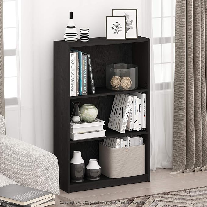 Furinno Jaya Book Shelf, 3-Tier Bookshelf, Standing Bookcase with Adjustable Shelves, 9.5 x 24.5 x 40.3, for Organization and Storage, for Living Room, Bedroom, Home Office, Darkwood