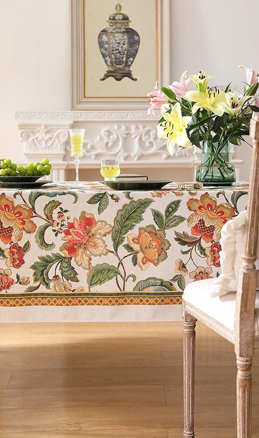 patdrea Designer Vintage Linen Rectangle Tablecloth,Provencal Rustic Floral Pattern Tablecloths,Decorative Table Cover Cloth for Kitchen,Dining Room,Tea Party,Home,Christmas,63"*102"