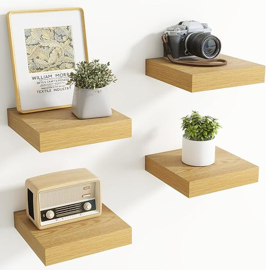 Axeman Square Floating Shelves for Wall, 8" W x 8" D x 1.4" H Rustic Wooden Wall Shelves, 4 Pack Wall Mounted Floating Shelf with Invisible Brackets for Living Room, Bathroom, Kitchen, Oak Color