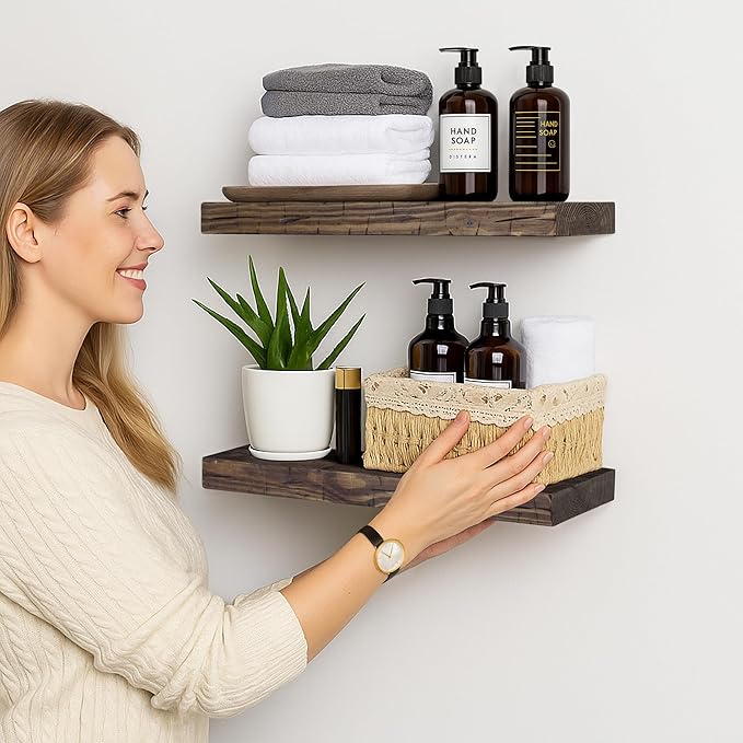 BGMG Floating Shelves 16 inch Long, Distressed Rustic Wooden Wall Shelves for Bathroom Living Room Bedroom Kitchen Farmhouse Set of 2-16x6.7x1.25 inch-Distressed Walnut