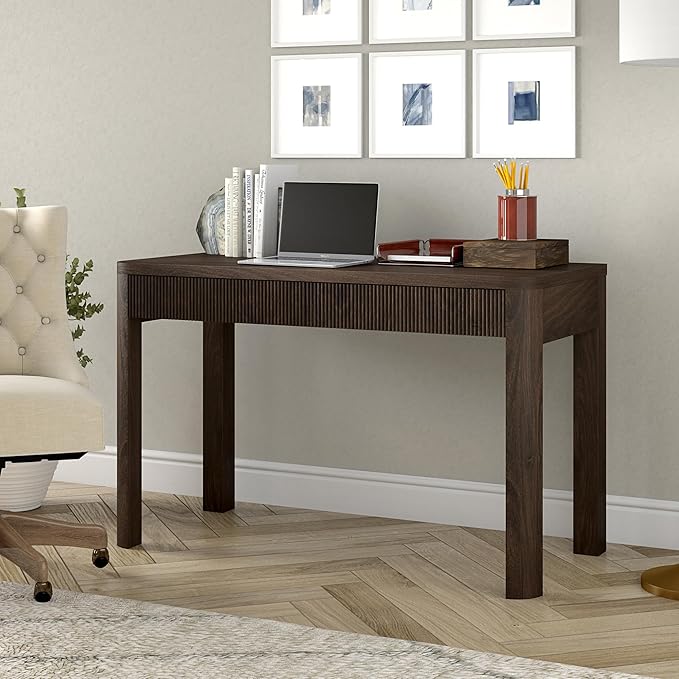 Henn&Hart 48" Fluted Modern Rectangular Home Office Desk Computer Desk Writing Table with 2 Ribbed Storage Drawers for Bedroom, Living Room, or Home Office, Rich Brown