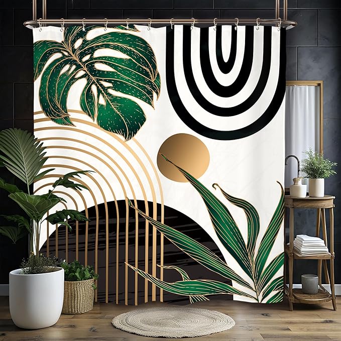 Miyotaa Abstract Emerald Green Shower Curtain Set 60Wx71H Inches Mid Century Minimalist Modern Tropical Leaves Geometric Contemporary Polyester Waterproof Bathroom Curtain with 12 Hooks