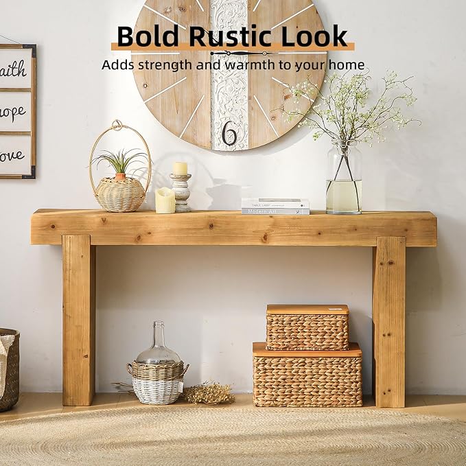 Wood Console Table, 63" Retro Long Boho Sofa Table Behind Couch, Wooden Narrow Sofa Table Hall Table for Living Room Foyer Entrance Entryway, Natural