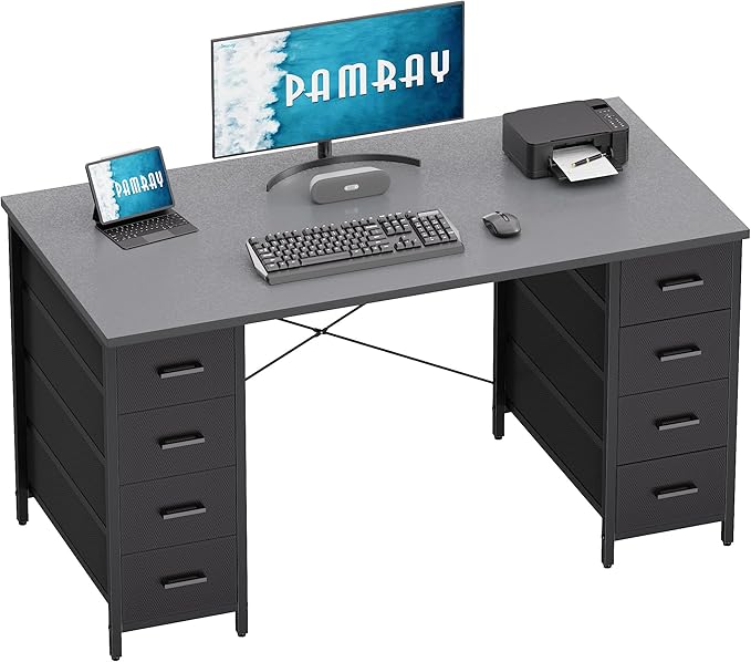 Pamray 47 Inch Computer Desk with 8 Fabric Drawers PC Gaming Desk Home Office Study Work Writing Table for Bedroom Grey