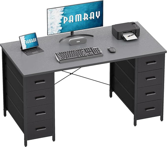 Pamray 47 Inch Computer Desk with 8 Fabric Drawers PC Gaming Desk Home Office Study Work Writing Table for Bedroom Grey
