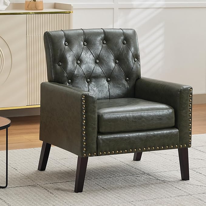 Mid Century Modern Accent Chair, Dark Green Faux Leather Office Chair for Reception - Tufted Leather Club Chair for Living Room, Bedroom, or Waiting Room