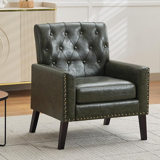 Mid Century Modern Accent Chair, Dark Green Faux Leather Office Chair for Reception - Tufted Leather Club Chair for Living Room, Bedroom, or Waiting Room