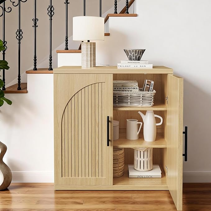 31.5" Fluted Buffet Cabinet with Storage, Modern Symmetrical Arched Sideboard Credenza with Adjustable Shelf, Elegant Wood Console Table for Dining Room, Kitchen, Living Room(Oak)