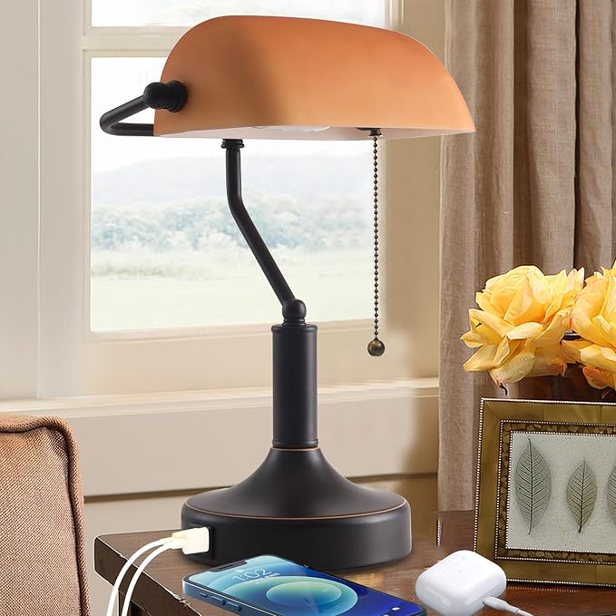 Vintage Bankers Desk Lamp with Pull Chain Switch, Traditional Desk Lamp with USB A and Type C Charging Port, Oil Rubbed Bronze Table Lamp with Amber Glass Shade for Office, Library, Study Room