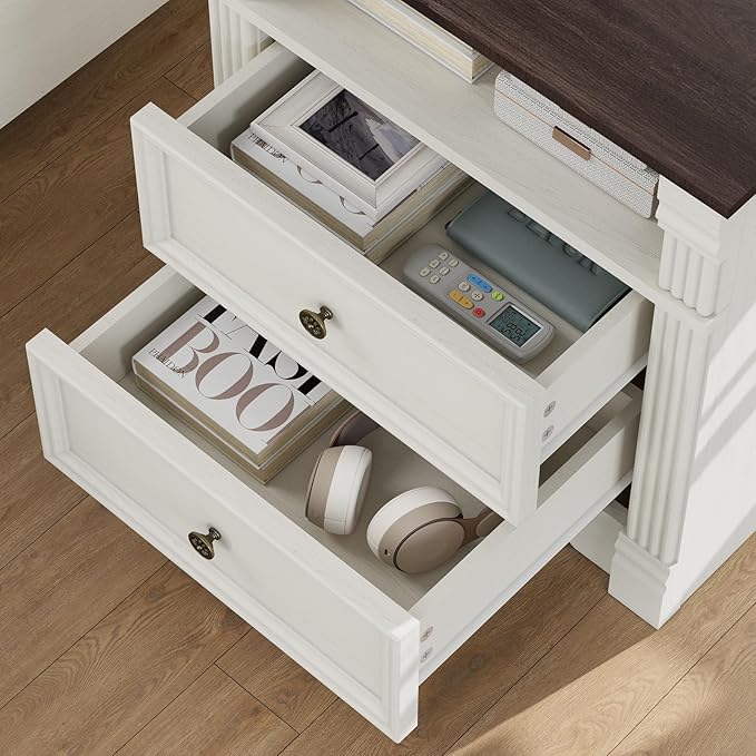White Nightstand with Charging Station, Farmhouse Bedside Table & End Table with 2 Drawers and Chic Wood Pilasters Design, Side Table Storage Cabinet with Metal Handles for Bedroom, Living Room