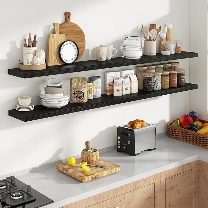 72 Inch Floating Shelves, 8 Inch Deep Floating Shelves for Wall, Hanging Shelf with Invisible Brackets, Deep Shelves for Bathroom, Bedroom, Living Room, Black, Set of 2