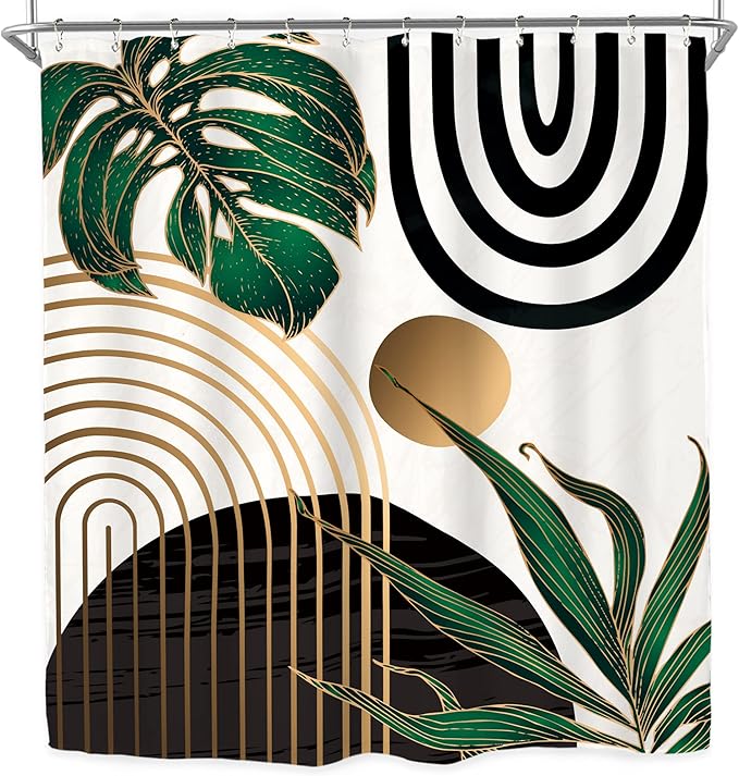 Miyotaa Abstract Emerald Green Shower Curtain Set 71Wx71H Inches Mid Century Modern Minimalist Tropical Leaves Geometric Contemporary Polyester Waterproof Bathroom Curtain with 12 Hooks