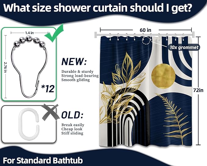 Mid Century Modern Navy Blue Shower Curtain Boho Dark Blue and Gold Leaves Shower Curtains for Mens Bathroom Decor Sets, Waterproof Cloth Fabric with Hooks, 60x72in