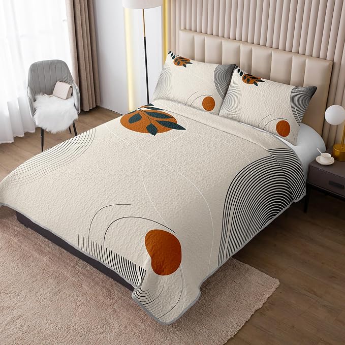 AILONEN Boho Mid Century Bedding Sets,Vintage Geometry Quilt Set King Size,Modern Minimalist Simplistic Bedspread Coverlet - Soft Lightweight 3Pcs 1 Quilt with 2 Pillowcases,Brown