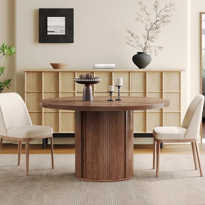 Round Dining Table for 4-6 Seats, 47" Circle Kitchen Table with Storage Drawer, Modern Mid-Century Pedestal Dinner Tables, Fluted Wood Base, Space Saving Dining Room Furniture for Family Party, Walnut
