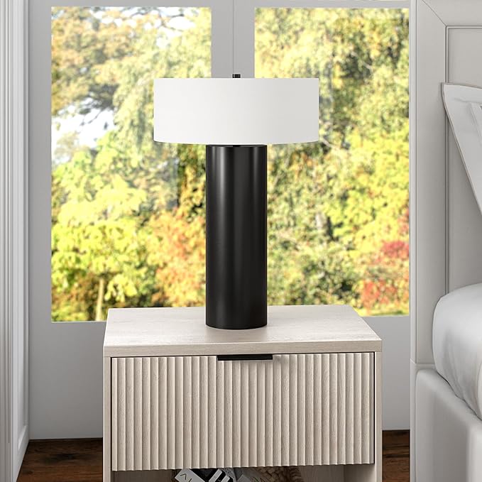 Henn&Hart 24" Mid-Century Modern 1-Light Table Lamp with White Fabric Drum Shade for Living Room, Bedroom, or Office, Black