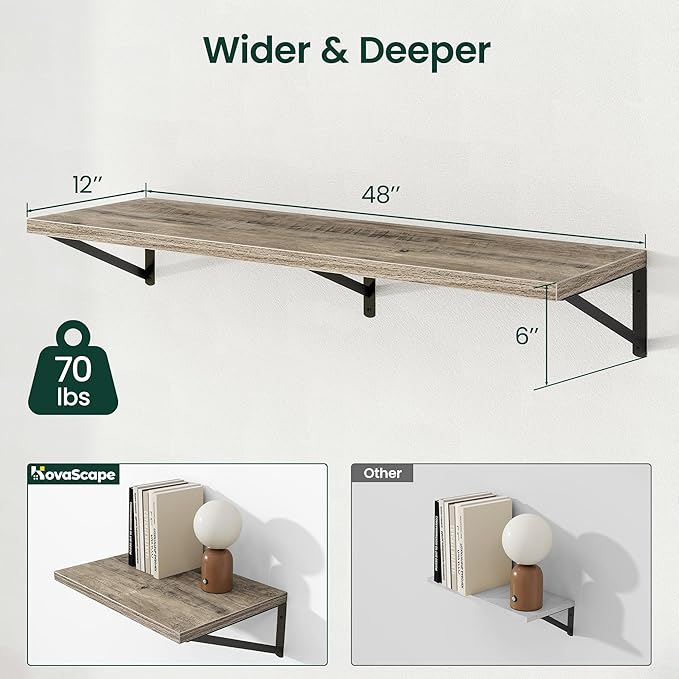 Floating Shelves, 12 Inch Deep Rustic Wood Wall Storage, 48W x 12D Wall Shelves Set of 2, Heavy Duty Metal Brackets, Large Industrial Book Shelf for Living Room, Kitchen, Bedroom, Grey