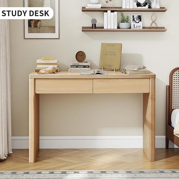 43 Inch Small Computer Desk with 2 Drawers, Mid Century Modern Writing Study Table for Home Office, Vintage PC Work Desk with Storage for Bedroom Small Spaces, Easy Assembly, MDF - Natural
