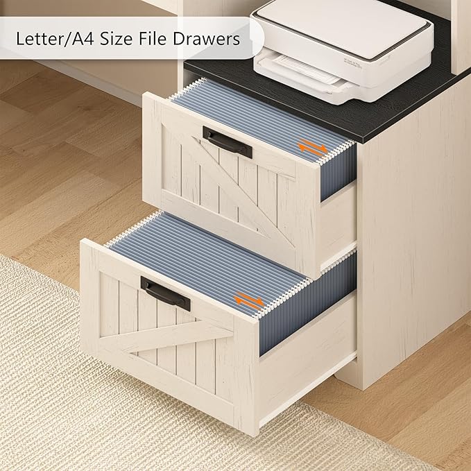 TVU Farmhouse L Shaped Desk with Drawers, 62.2" Home Office Desk with Storage Shelves and Power Outlet, L Shaped Computer Desk with Monitor Stand and Printer Shelf, Black and White