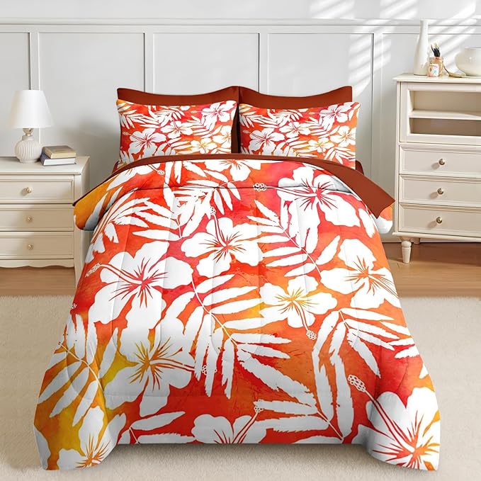 Nesker 7 Pcs Comforter Set Full Size, Red Hibiscus Hawaiian Bedding Set for Kids and Adults, Flower Surf Floral Bed Sheet Sets with Fitted Sheet 2 Pillowcases & 2 Shams