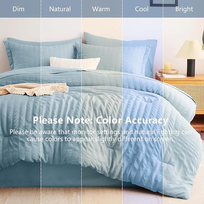 CozyLux Twin XL Comforter Set for College Dorm, 5 Pieces Light Blue Seersucker Twin Extra Long Bed in a Bag, Down Alternative Bedding Set with Comforter, Sheets, Pillowcase & Sham, Back to School Gift