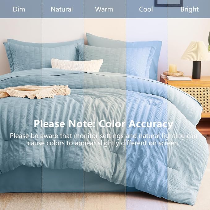 CozyLux Oversized King Comforter Set with Sheets, 7 Pieces 120"x98" Light Blue Seersucker Bed in a Bag, Luxury Soft Bedding Sets with Down Alternative Comforter, Sheets, Pillowcases & Shams, Home Gift