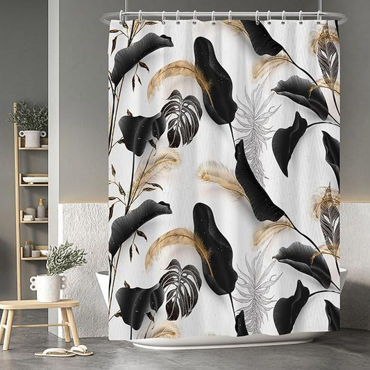 Baocicoo Black Leaves Shower Curtain Bohemian Style Shower Curtain for Bathroom Tropical Leaves Boho Floral Shower Curtains Bathtub Living Room Decor Bathroom Decorations with Hooks 72x96 Inches